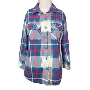 Superdry Shirt Women Sz S Pink Blue White Plaid Cotton Flannel Button Up Pockets